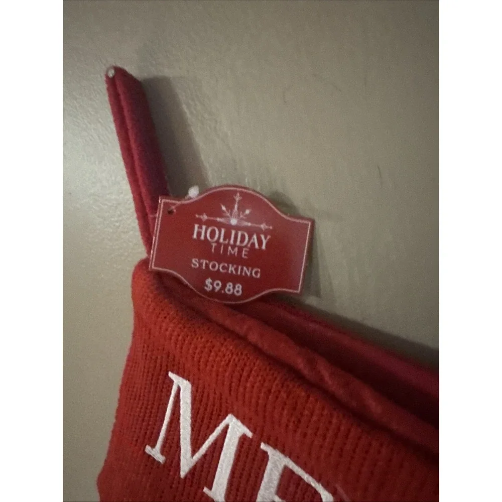Holiday Time Knit Christmas Stocking W/Embroidered Meow On Cuff 20